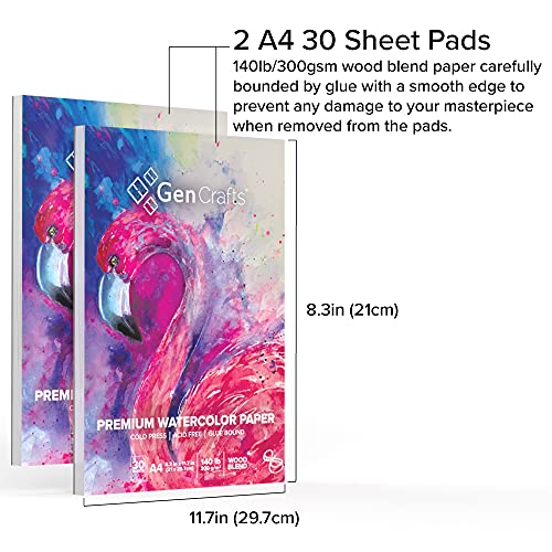 GenCrafts Watercolor Paper Pad 2 Pack - A4 8.3x11.7" - 60 Sheets Total (140lb/ 300gsm) - Cold Press Acid Free Art Sketchbook Pad for Painting & Drawing, Wet, Mixed Media