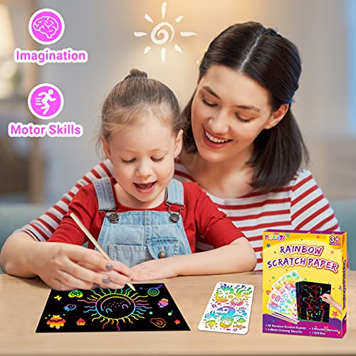pigipigi Scratch Paper Art for Kids - 60 Pcs Rainbow Magic Scratch Off Art Crafts Set Supply Drawing Note Kit for Girls Boys Toddler Party Favor Activity Game Birthday Christmas Easter Toy Gift