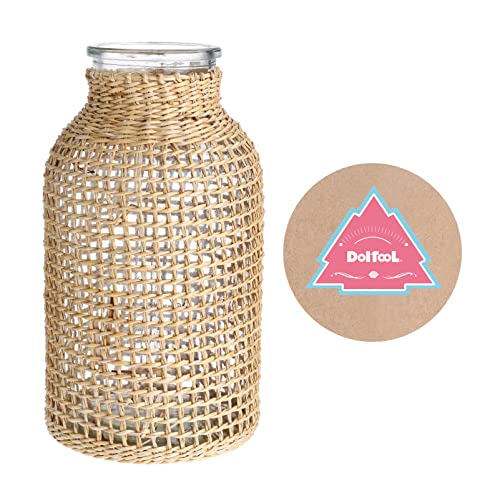 DOITOOL Boho Glass Flower Vase with Rattan Cover, Farmhouse Flower Bud Vase, Round Decorative Flower Vase Floral Container Flower Bottle for Floral Arrangements Housewarming Party Home Decor (L)