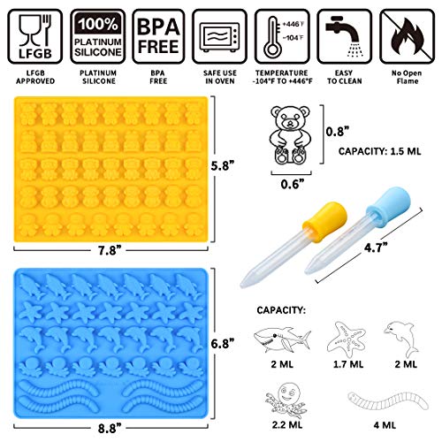 Gummy Bear Mold Candy Molds - Chocolate Molds Including Bears, Frogs, Lions, Monkeys, Penguins, Worms, Starfishs, Dolphins, Octopus, Sharks Sea Mold BPA Free Set of 4 Silicone Molds