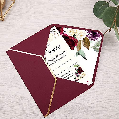 DORIS HOME 25pcs Burgundy Fill-in Invitations Cards with Burgundy Rose and Envelope with Gold Border for Wedding,Engagement Invite