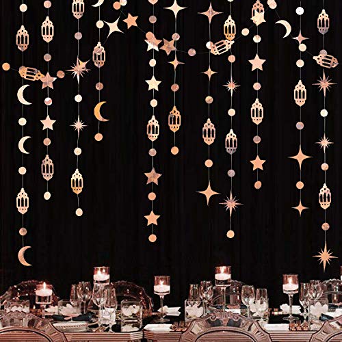 Rose Gold Eid Mubarak Ramadan Decorations Hanging Star Moon Circle Dot Crescent Lamp Garland Streamer Backdrop Banner Decorations for Home Happy Ramadan Islam Muslim Wedding Birthday Party