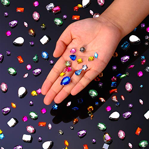 WILLBOND 320 Pieces Sew on Rhinestone Glass Crystals Acrylic Gems with Hole Silver Prong Setting Flatback Claw Mix Shape Mix Size for DIY Crafts Dress Clothes Shoes Bag Decorations