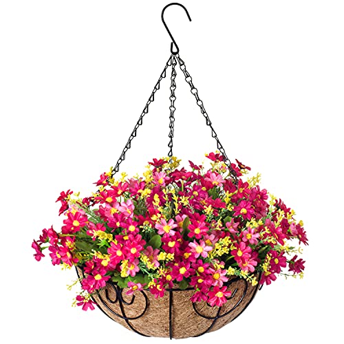 Homsunny Artificial Hanging Flowers Basket,Fake Daisy Flowers,4 Branches Artificial Hanging Plants in 12 Inch Basket for Outdoor Garden Yard Pouch Patio Indoor Home Decoration (Pink)
