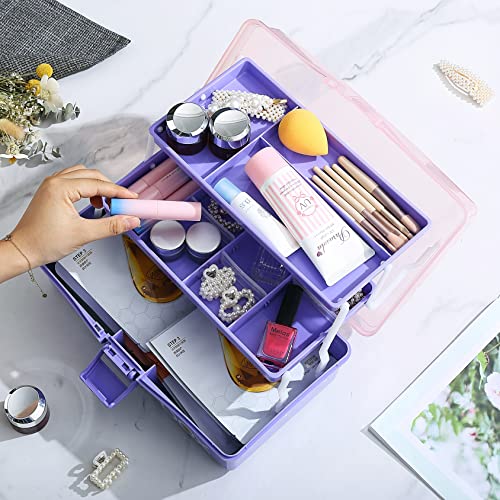 Kinsorcai 12'' Three-Layer Clear Plastic Storage Box/Tool Box, Multipurpose Organizer and Portable Handled Storage Case for Art Craft and Cosmetic (Purple)