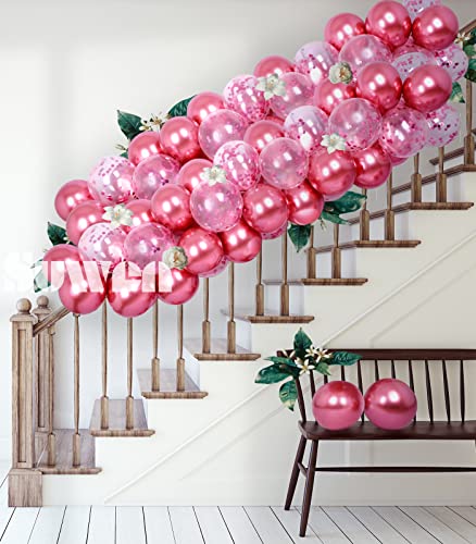 SUWEN Metallic Hot Pink Balloons and Confetti Balloons Set 47PCS Latex Helium Chrome Magenta Balloon for Birthday Graduation Anniversary Party Decorations