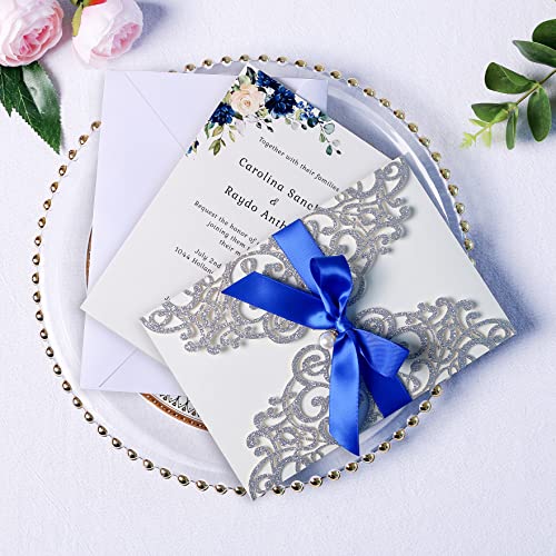 ponatia 20 PCS 5 x 7'' Silver Giltter Laser Cut Wedding Invitations with Envelopes for Wedding Party Bridal Shower Engagement Birthday Sweet 16 Invite - Silver Glitter with Royal Blue Ribbons