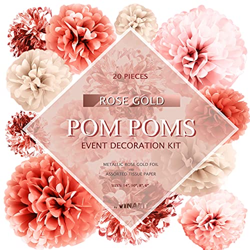 20 PCS Rose Gold Party Decorations - Metallic Foil and Tissue Paper Pom Poms - Birthday Party Decoration - Baby Shower - Bridal Shower - Bachelorette - Garden Party - 14", 10", 8", 6"