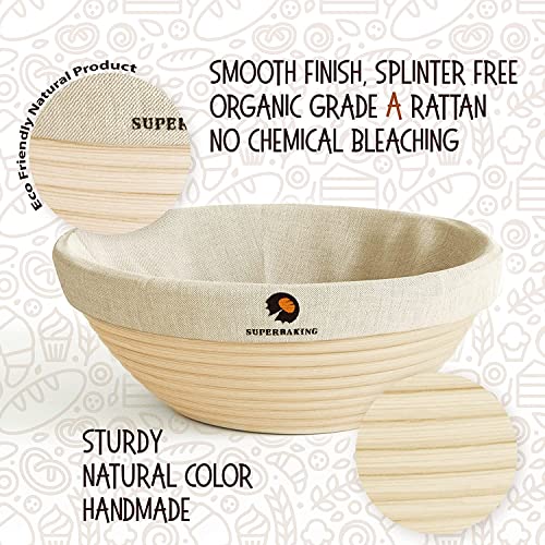 Superbaking Bread Proofing Basket, Round 9 inch Sourdough Starter Kit, Proofing Basket for Bread baking, Bread Making Supplies Tools, Banneton Basket Gift Set