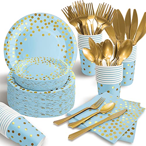 350PCS Blue and Gold Party Decorations 50 Guests Blue Paper Plates Plastic Forks Knives Spoons & Golden Dot Blue Party Plates Napkins Cups for 2023 Graduation Decorations Baby Shower Boy Birthday