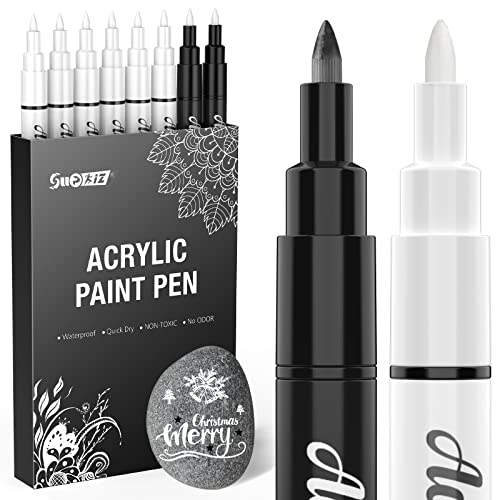 White Paint Pen, 8 Pack 0.7mm Acrylic Paint Pens Acrylic Markers 6 White 2 Black Paint Pens for Rock Painting Wood Canvas Glass Metallic Ceramic Tire Graffiti Paper Drawing, Extra Fine Tip Opaque Ink
