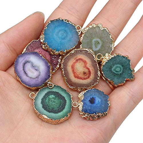 LHJ 5PCS Natural Agate Sheet Pendants Irregular Round Mixed Color Gemstone Stone Pendants Charms Pendants for Necklace Bracelet Jewelry Making
