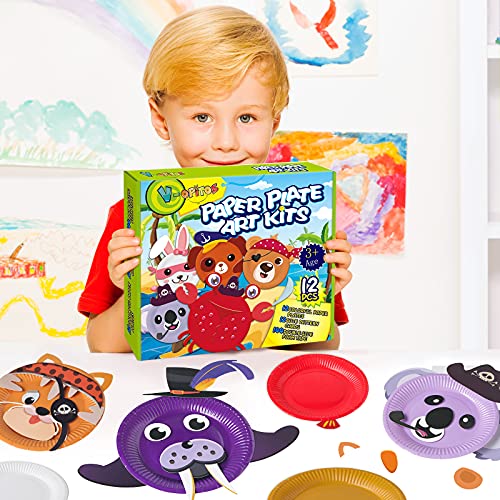 V-Opitos Arts and Crafts Kits for Kids, 12 Pack Paper Plate Crafts, Simple Animal Crafts for Toddler Age of 2, 3, 4, 5 Years Old, Fun Preschool Classroom Activity Project for Boy & Girl