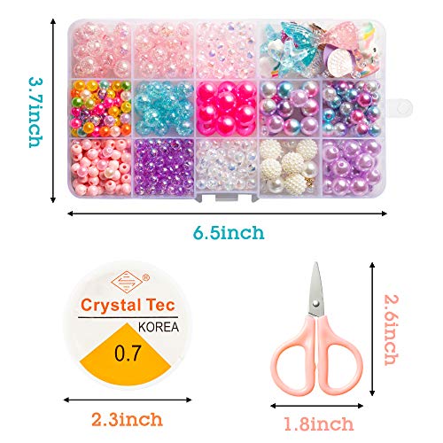 OSNIE Kids DIY Bead Jewelry Making Kit with 400+ Beads & Charms for Creative Bracelets Necklaces Rings, Children Mermaid Starfish Shell Princess Necklace Bracelets Making Art Craft Bead Kit for Girls
