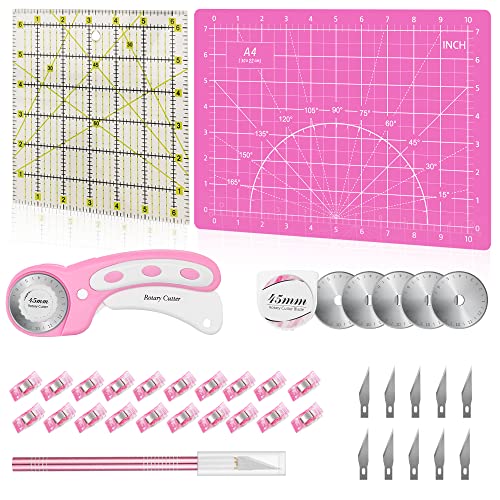 39 Pcs Rotary Cutter Set Pink - Quilting Kit incl. 45mm Fabric Cutter with 5 Extra Blades, A4 Cutting Mat, Craft Knife Set, Quilting Ruler and Sewing Clips, Ideal for Crafting, Sewing, Patchworking