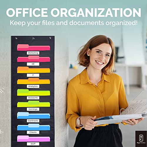 Black Pocket Chart for Classroom - 10 Pocket Storage Rainbow Pocket Charts , 3 Over Door Hangers Included, Hanging Wall File Organizer for File Folders, School Mailbox, Home/Office Papers