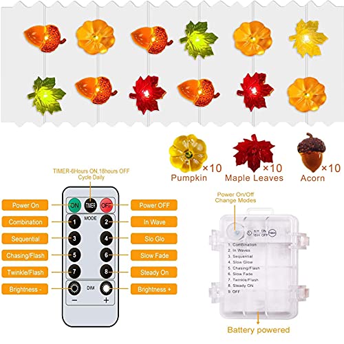 Fall Decor Fall Decorations lights for Home 30LED/10FT 3D Pumpkin Maple Leaf Acorn Battery Operated String Lights, 8 Mode Timer Remote Fall Lights Garland Indoor Outdoor Autumn Thanksgiving Halloween