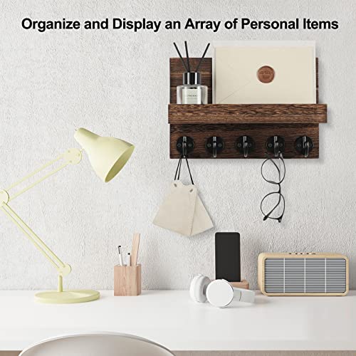 Lwenki Key Holder for Wall, Decorative Key and Mail Holder with Shelf Has Large Key Hooks for Bags, Coats – Paulownia Wood Key Hanger with Mounting Hardware (9.8”W x 6.7”H x 4.2”D) (Brown)