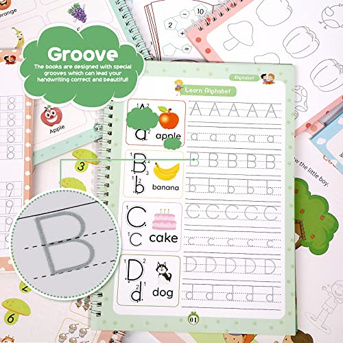 ASIGN Magic Ink Copybooks for Kids Reusable Handwriting Workbooks for Preschools Grooves Template Design and Handwriting Aid (ENLARGED-Version 4books+Pens)