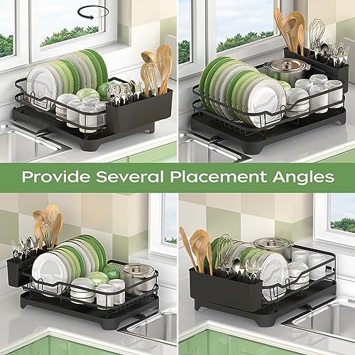 ROTTOGOON Dish Drying Rack, Stainless Steel Rustproof Dish Rack for Kitchen Counter, Durable Dish Drainer with Drainboard, Drainage, Utensil Holder for Various Kitchenware, 16.9"(L) x 12.2"(W), Black