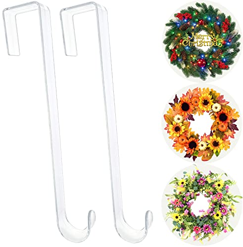 Wreath Hanger,12” Clear Wreath Hooks for Front Door,2 Pack Over the Door Easter Christmas Decoration Hangers Fall Halloween Wreaths holder,Non Scratch Wreath Hangers for Front Door Décor Welcome Sign