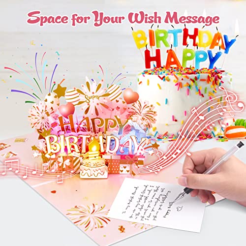 INPHER Musical Birthday Card 3D Pop Up with Light Blow Out LED Candle and Plays Happy Birthday Music Surprise Greeting Cards Gifts for Women Rose Gold
