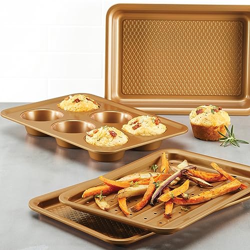 Ayesha Curry Nonstick Bakeware Toaster Oven Set with Nonstick Baking Pan, Cookie Sheet / Baking Sheet and Muffin Pan / Cupcake Pan - 4 Piece, Copper Brown