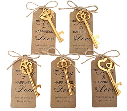 50pcs Skeleton Key Bottle Opener Wedding Party Favor Souvenir Gift with Escort Tag and Jute Rope (Gold Tone,5 styles)