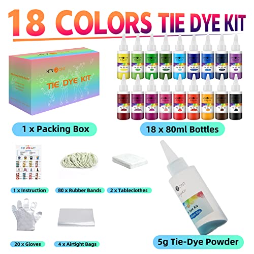 HTVRONT Tie Dye Kit for Kids and Adults - 18 Colors 80ML Pre-Filled Bottles Permanent Non-Toxic Tye Dye Kits for Clothing T-Shirt Fabric Textile Craft Party Handmade Project(Just Add Water)