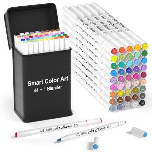 Smart Color Art Art Markers, 44 Coloring Markers and 1 Blender, 45 Pack Alcohol Based Dual Tip Permanent Highlighters with Case, Excellent for Adults Kids Marking Drawing Sketching