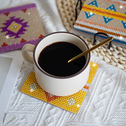 Temlum 6 Pcs Diamond Painting Coasters with Holder, DIY Boho Coasters Small Diamond Painting Kits for Beginners, Adults & Kids Diamond Art Coasters Craft Supplies