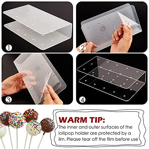 Zezzxu 2Pack Upgraded Acrylic Cake Pop Display Stand 15 Hole Clear Acrylic Lollipop Holder with 50Pcs Lollipop Sticks, 50Pcs Packaging Bags and 50Pcs Gold Metallic Twist Ties