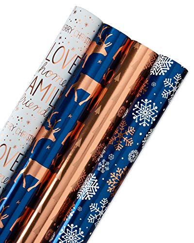 American Greetings 80 sq. ft. Reversible Blue Wrapping Paper Bundle for Christmas, Snowflake, Reindeer, Holiday Test (4 Rolls 30 in. x 8 ft.)