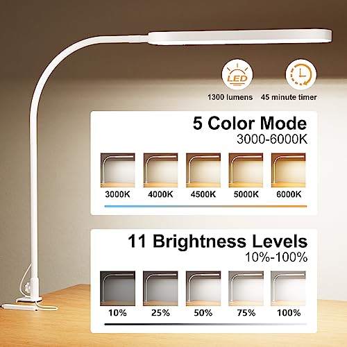 SKYLEO Desk Lamp for Office Home- 34" LED Desk Light - Touch Control - 5 Color Modes X 11 Brightness Levels - 1300ML(112 Pcs Lamp Beads) - Timmer & Memory Function - 12W Clip On Light - White