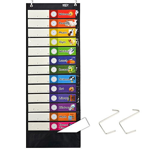 Daily Schedule Pocket Chart， Black Class Schedule with 26 Cards, 13+1 Pockets. 13 Colored + 13 Blank Double-Sided Reusable Cards, Easy Over-Door Mountings Included. (13” x 36”)