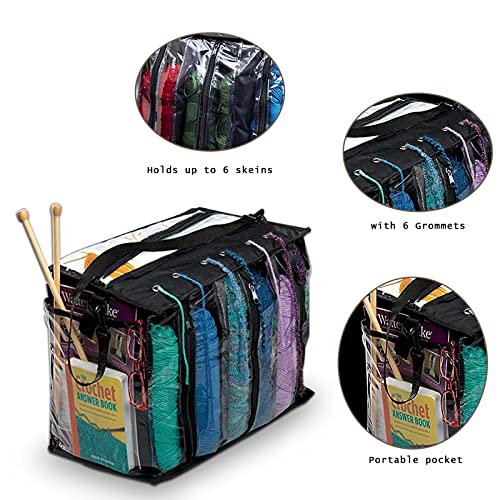 MEKBOK Knitting Organizer Portable Knitting Yarn Storage Bag With Multiple Pockets, Individual Compartments, Carrying Shoulder Strap - Clear Plastic Tote Bag For Needles, Crochets & Threads