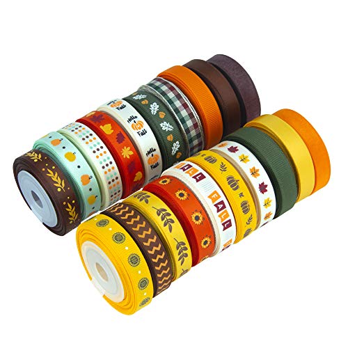 VATIN Fall Ribbon 3/8 Inch 20 Rolls X 330Fts(110Yards) Autumn Harvest Festival Ribbons Printed Grosgrain Ribbons Polyester Satin Ribbon Sheer Organze Ribbon for Gift Wrapping DIY Crafts Fall Decor
