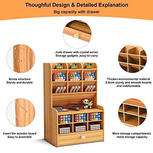 Marbrasse Wooden Pen Organizer, Multi-Functional DIY Pen Holder Box, Desktop Stationary, Easy Assembly, Home Office Art Supplies Organizer Storage with Drawer (B16-Cherry Color)