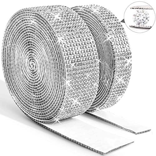 6 Yards Rhinestone Ribbon Adhesive Rhinestones for Crafts Crystal Bling Rhinestone Diamond Ribbon Strips Roll for Decoration Crafts DIY Wrapping 2 Rolls (Silver)