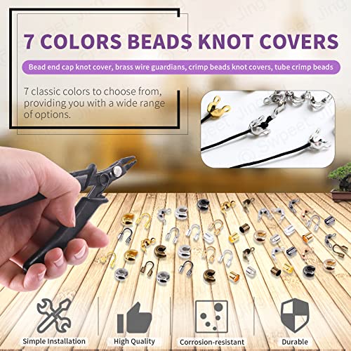 Swpeet 1501Pcs 6 Colors 4 Styles Brass Tube Crimp Beads with Bead Crimping Pliers Kit, Including Brass Tube Crimp Beads & Crimp Beads Knot Covers & Wire Guardians & Iron Bead Tips Knot Covers