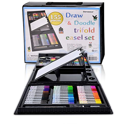 Darnassus 155-Piece Trifold Easel Art Set, Deluxe Professional Color Set, Compact Portable, with Crayons, Markers, Pencils, Color Cakes, and Sketch Pad, Crafts Gift for Ages 4-12