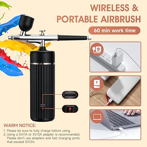 Cordless Airbrush Kit Rechargeable Airbrush Compressor 20-27PCI for Art Painting,Cake Airbrush Decorating, Crafts, Model Painting, Air Brush Painting, Nail Airbrush Machine