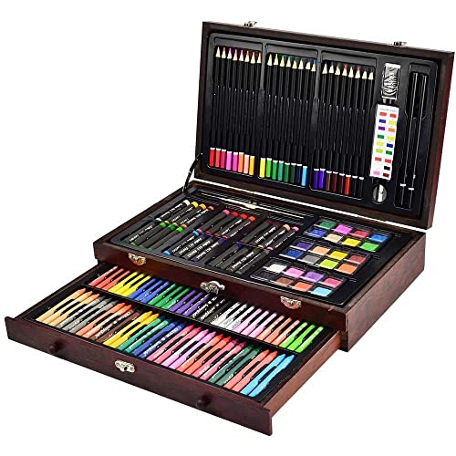 Sunnyglade 145 Piece Deluxe Art Set, Wooden Box & Drawing Kit with Crayons, Oil Pastels, Colored Pencils, Watercolor Cakes, Sketch Pencils, Paint Brush, Sharpener, Eraser, Color Chart (Cherry)