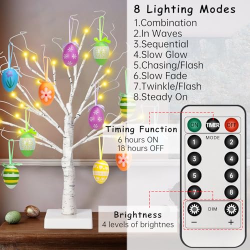 24" Easter Lighted Birch Tree with 12pcs Ornaments,Warm White LED Birch Tree Light Tabletop Artificial Tree 8 Lighting Modes USB or Batteries Operated with Timer for Easter Decor