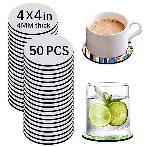 50 PCS Sublimation Blank Cup Coasters Bulk, 4x4 Inch Round Blank Cup Mat Rubber for Sublimation Transfer Heat Press Printing DIY Crafts
