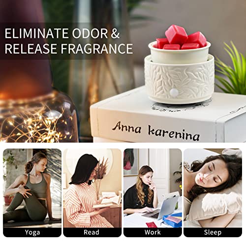 ElusiaKa Wax Melt Burner Ceramic 3-in-1 Oil Burner Electric Wax Melter Fragrance Warmer for Home Office Bedroom Aromatherapy Gift& Décor (White Leaves)