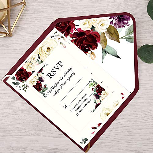 DORIS HOME 25pcs Burgundy Fill-in Invitations Cards with Burgundy Rose and Envelope with Gold Border for Wedding,Engagement Invite