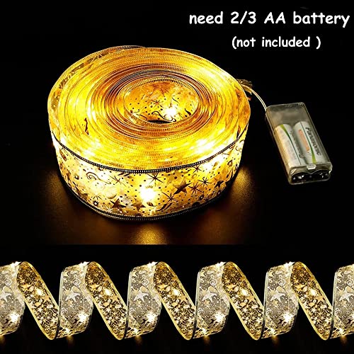 GIHOO Christmas Tree Decorations Gold String Lights 32ft (2x16ft) 100 LED Lights Copper Wire Ribbon Bows Lights for Holiday Christmas Party Indoor Decorations (Gold Warm Light Battery Powered)