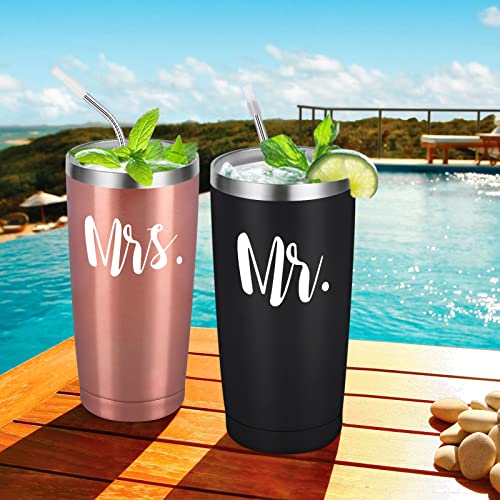 CozyHome Mr and Mrs Tumbler Set of 2, Gifts for Newlyweds Couples Wife Bride To Be Newly Engaged Bridal Shower Wedding Engagement, 20 oz Stainless Steel Insulated Travel with Lids, Black & Rose Gold