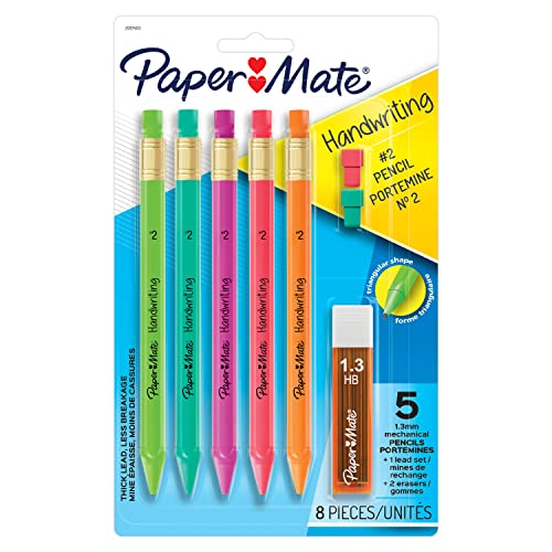 Paper Mate Handwriting Triangular Mechanical Pencil Set with Lead & Eraser Refills, 1.3mm, Fun Barrel Colors, 8 Count